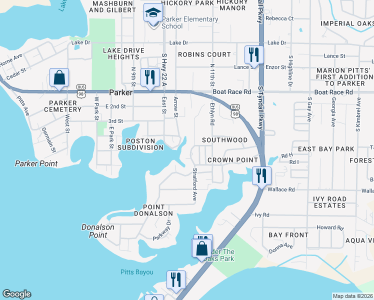 map of restaurants, bars, coffee shops, grocery stores, and more near 5129 Stratford Avenue in Panama City