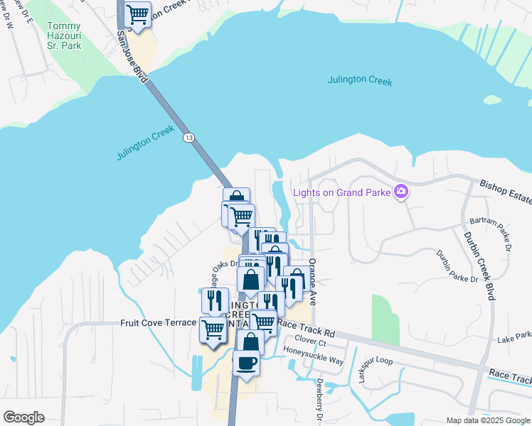 map of restaurants, bars, coffee shops, grocery stores, and more near 25 Florida 13 in Fruit Cove