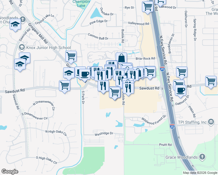 map of restaurants, bars, coffee shops, grocery stores, and more near 594 Sawdust Road in Spring