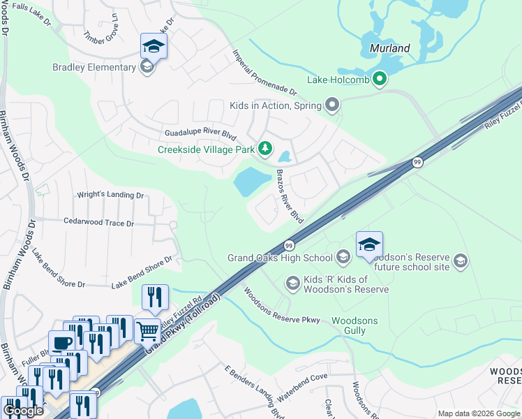 map of restaurants, bars, coffee shops, grocery stores, and more near 28925 San Bernard River Loop in Spring