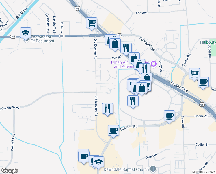map of restaurants, bars, coffee shops, grocery stores, and more near 5350 Old Dowlen Road in Beaumont