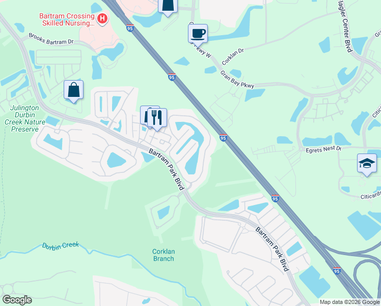 map of restaurants, bars, coffee shops, grocery stores, and more near 6893 Woody Vine Drive in Jacksonville