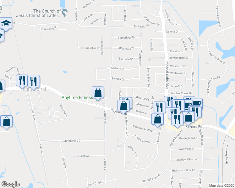 map of restaurants, bars, coffee shops, grocery stores, and more near 30107 Bashaw Drive in Spring