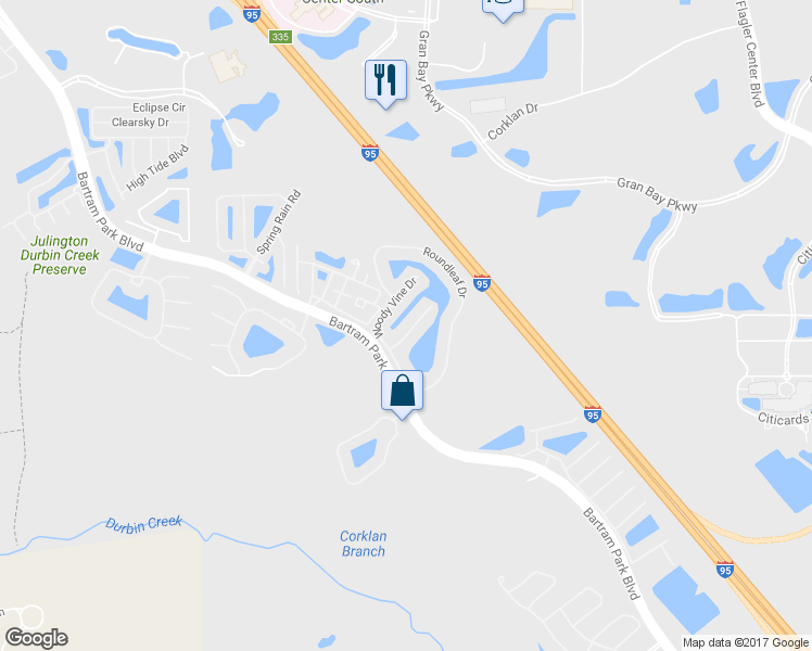 map of restaurants, bars, coffee shops, grocery stores, and more near 6893 Woody Vine Drive in Jacksonville