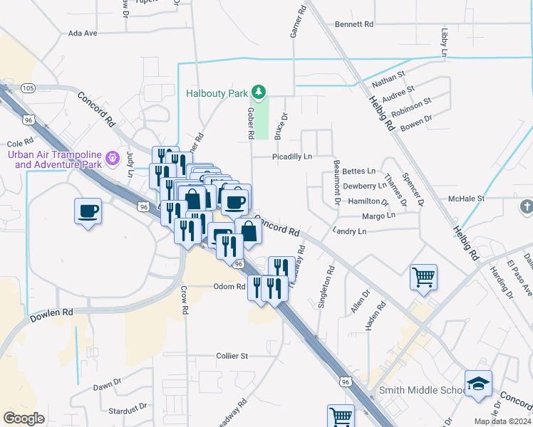 map of restaurants, bars, coffee shops, grocery stores, and more near 5680 Concord Road in Beaumont