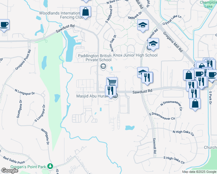 map of restaurants, bars, coffee shops, grocery stores, and more near 25120 Harper Lane in The Woodlands
