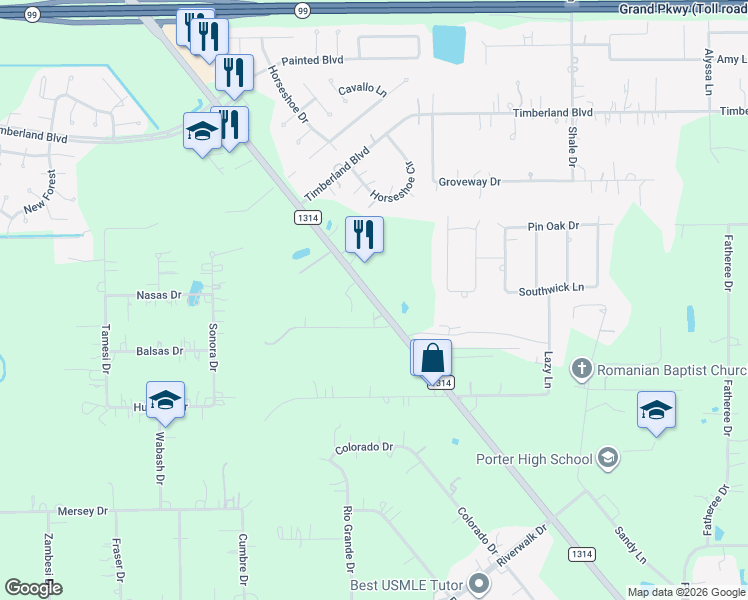 map of restaurants, bars, coffee shops, grocery stores, and more near Farm to Market Road 1314 in Porter