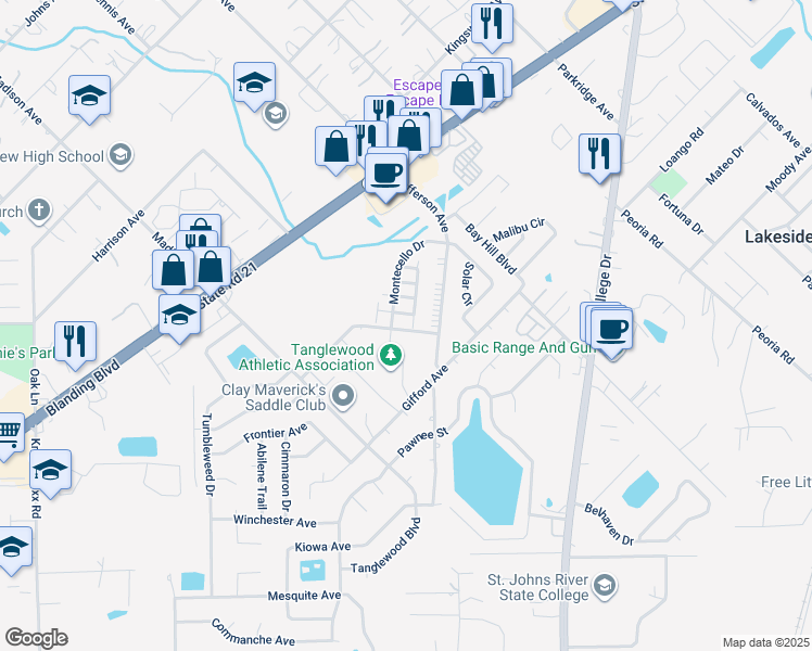 map of restaurants, bars, coffee shops, grocery stores, and more near 1337 Gettysburg Drive in Orange Park