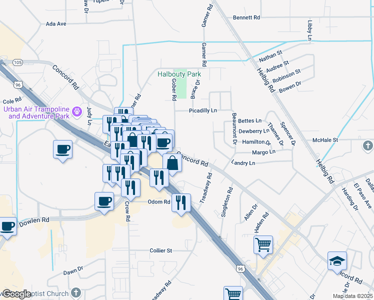 map of restaurants, bars, coffee shops, grocery stores, and more near 5680 Concord Road in Beaumont