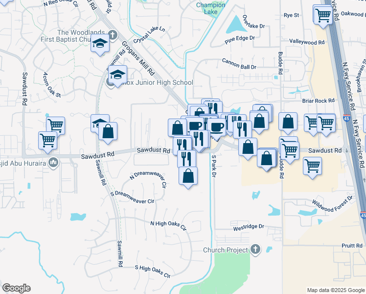 map of restaurants, bars, coffee shops, grocery stores, and more near 1018 Sawdust Road in The Woodlands