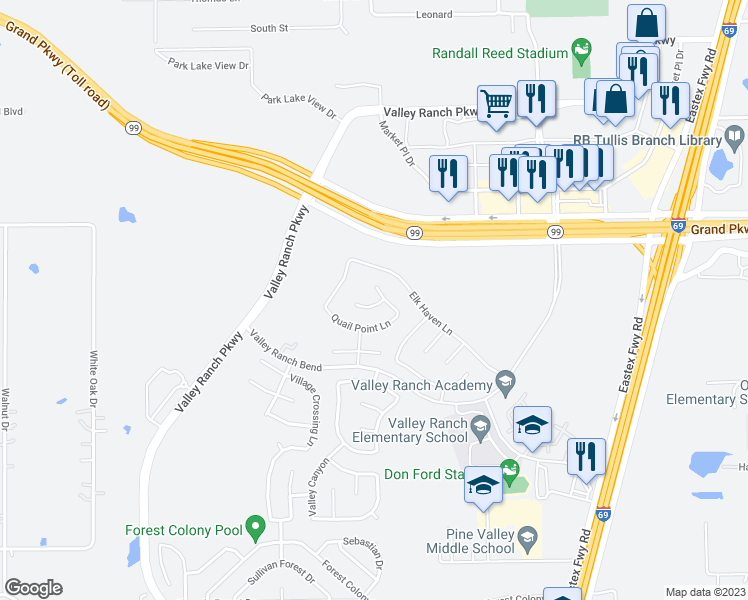 map of restaurants, bars, coffee shops, grocery stores, and more near 21425 Dove Haven Court in Porter