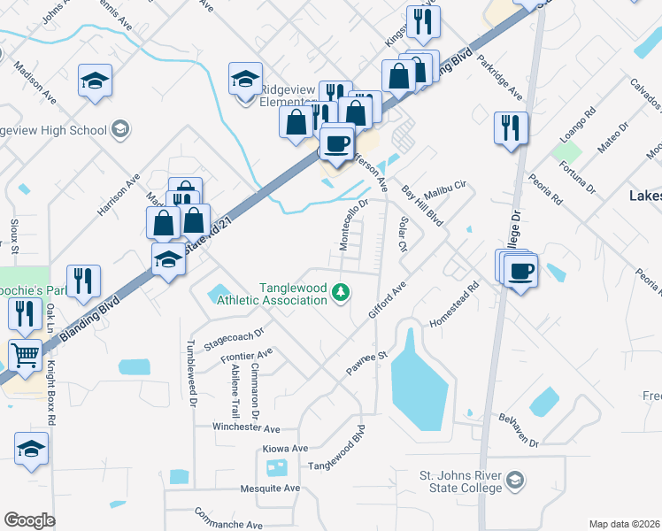 map of restaurants, bars, coffee shops, grocery stores, and more near 1323 Independence Drive in Orange Park