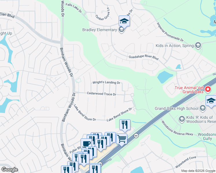 map of restaurants, bars, coffee shops, grocery stores, and more near 29503 Whitebrush Trace Drive in Spring
