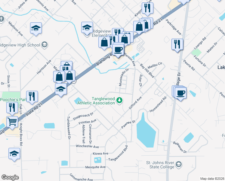 map of restaurants, bars, coffee shops, grocery stores, and more near 1249B Bordeaux Place in Orange Park