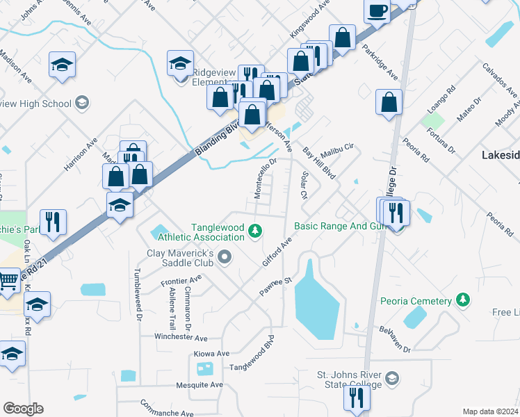 map of restaurants, bars, coffee shops, grocery stores, and more near 1337 Gettysburg Drive in Orange Park