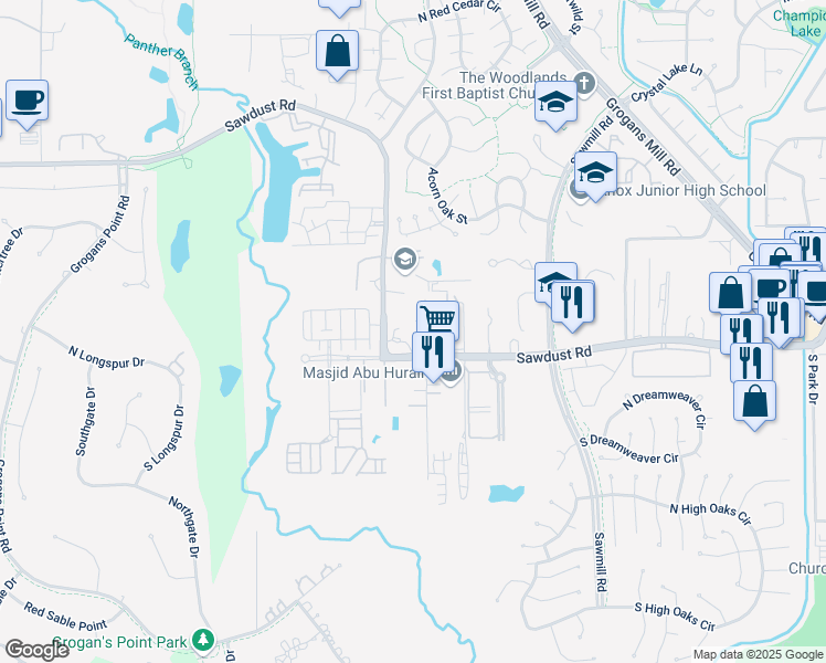map of restaurants, bars, coffee shops, grocery stores, and more near 25120 Harper Lane in The Woodlands