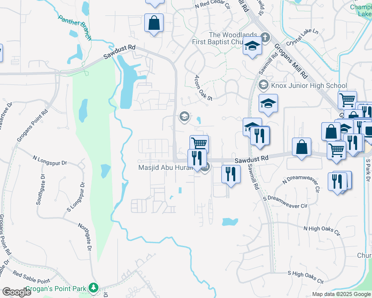map of restaurants, bars, coffee shops, grocery stores, and more near 25120 Harper Lane in The Woodlands