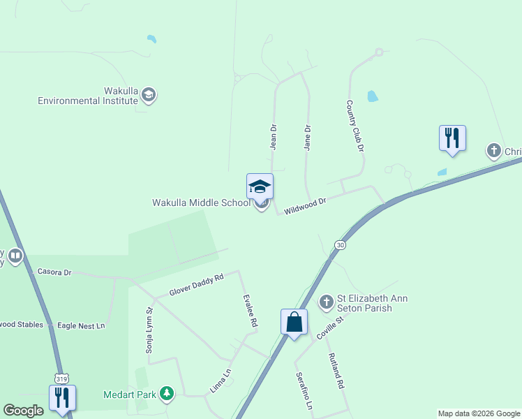 map of restaurants, bars, coffee shops, grocery stores, and more near 22 Jean Drive in Crawfordville