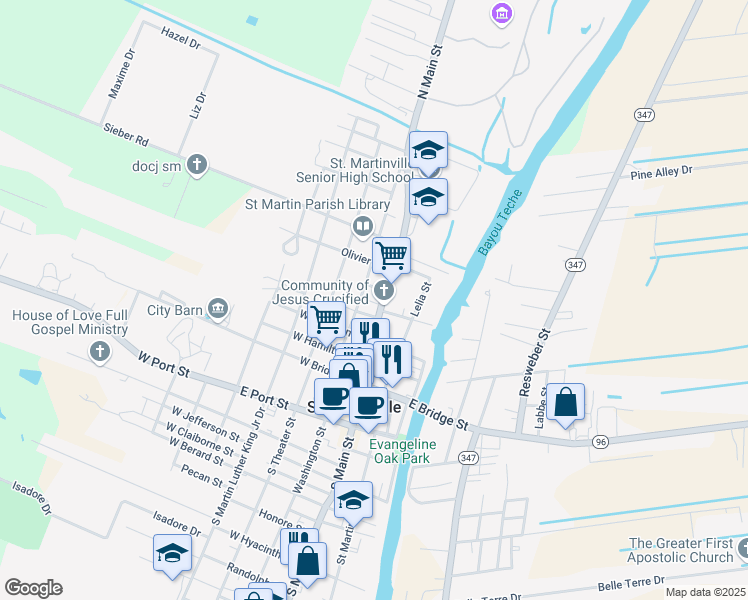map of restaurants, bars, coffee shops, grocery stores, and more near 417 North Main Street in Saint Martinville