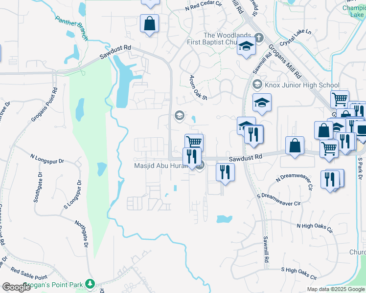 map of restaurants, bars, coffee shops, grocery stores, and more near 25120 Harper Lane in The Woodlands