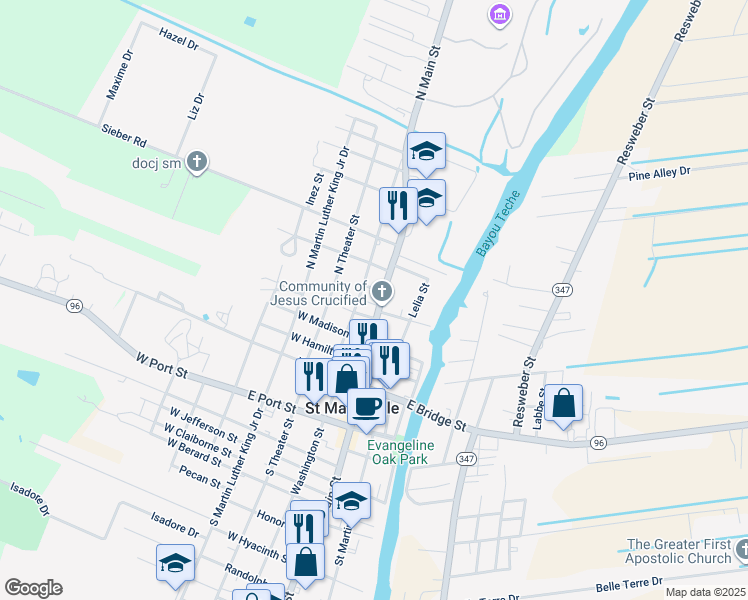 map of restaurants, bars, coffee shops, grocery stores, and more near 417 North Main Street in Saint Martinville