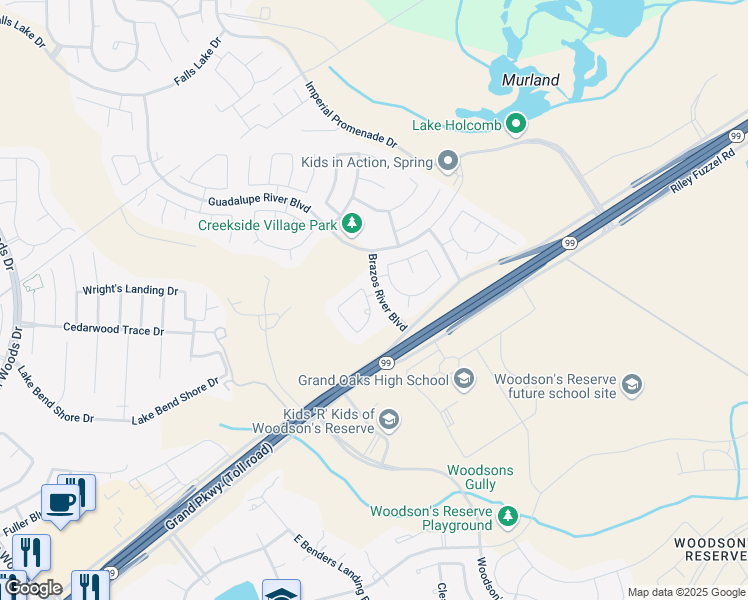 map of restaurants, bars, coffee shops, grocery stores, and more near 28814 San Bernard River Loop in Spring
