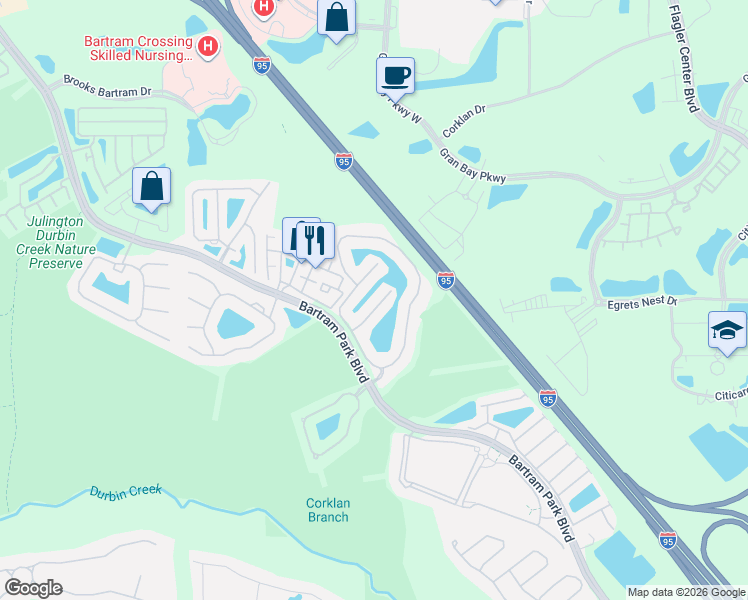 map of restaurants, bars, coffee shops, grocery stores, and more near 6893 Woody Vine Drive in Jacksonville