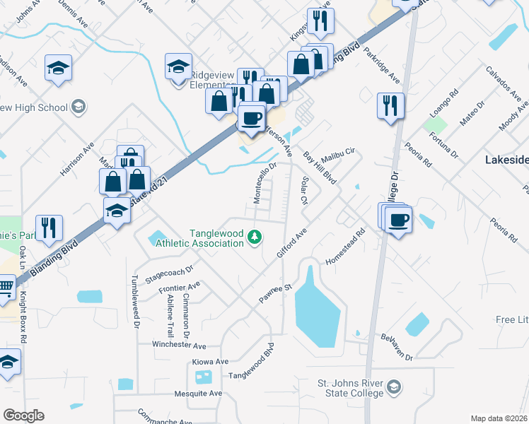 map of restaurants, bars, coffee shops, grocery stores, and more near 1337 Gettysburg Drive in Orange Park