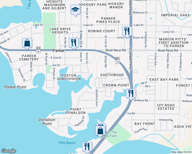 map of restaurants, bars, coffee shops, grocery stores, and more near 1034 Brannon Place in Panama City