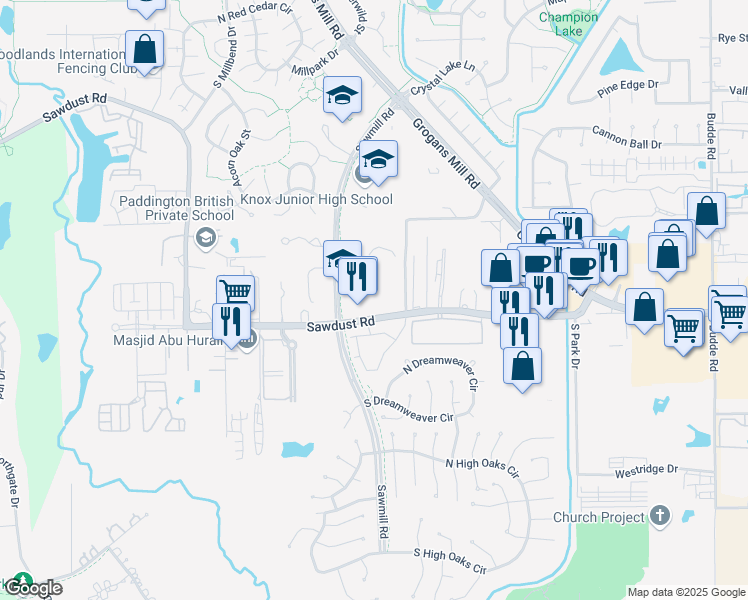 map of restaurants, bars, coffee shops, grocery stores, and more near 12420 Sawmill Road in The Woodlands