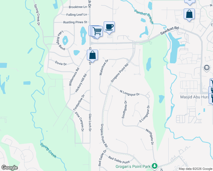 map of restaurants, bars, coffee shops, grocery stores, and more near 10 Watertree Drive in Spring