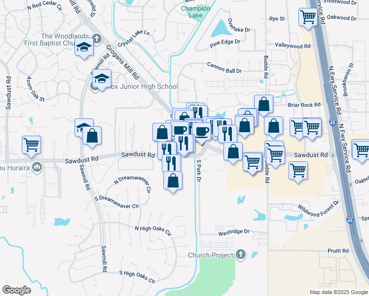 map of restaurants, bars, coffee shops, grocery stores, and more near 25214 Grogans Park Drive in The Woodlands