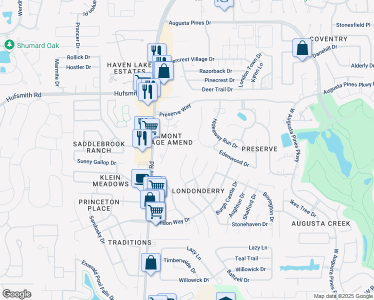 map of restaurants, bars, coffee shops, grocery stores, and more near 25211 Butterwick Drive in Spring