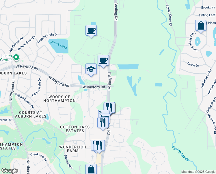 map of restaurants, bars, coffee shops, grocery stores, and more near Gosling Rd & W Rayford Rd in Spring