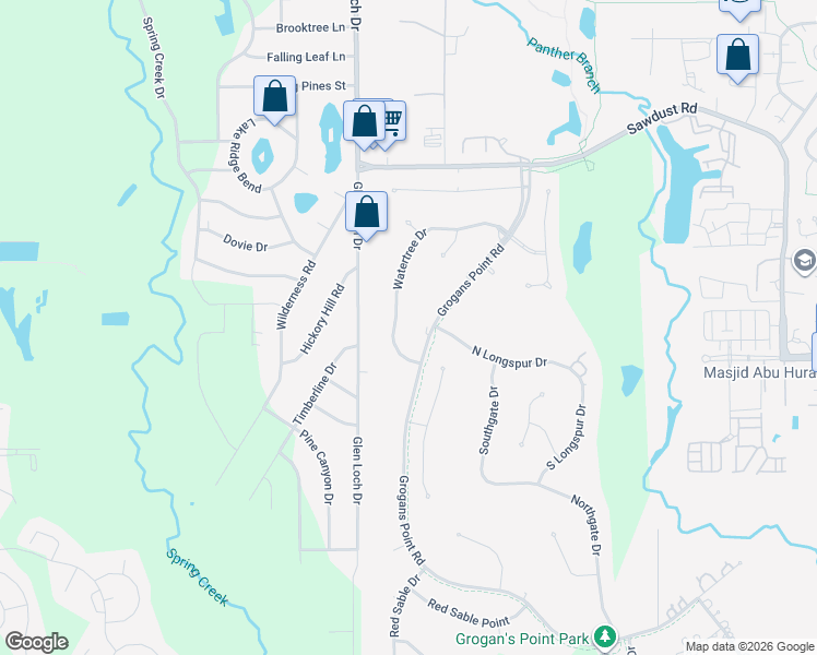 map of restaurants, bars, coffee shops, grocery stores, and more near 10 Watertree Drive in Spring