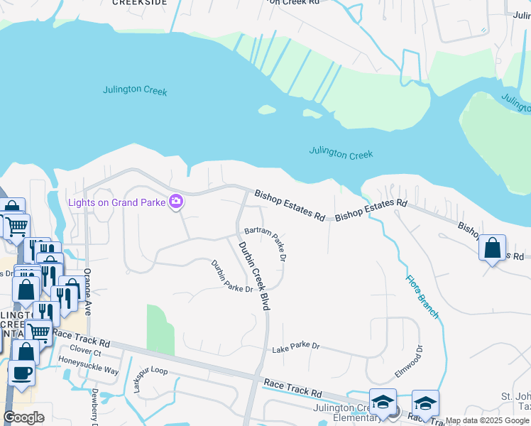 map of restaurants, bars, coffee shops, grocery stores, and more near 217 Hidden Lake Drive in Jacksonville