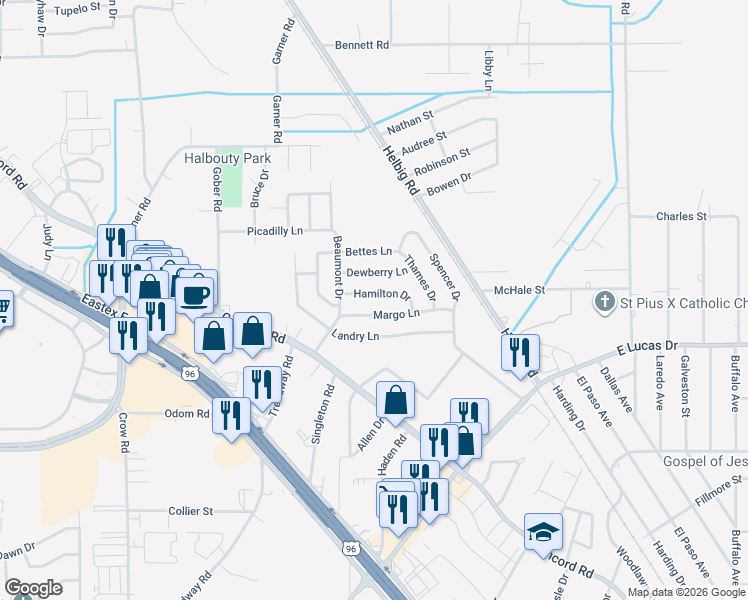 map of restaurants, bars, coffee shops, grocery stores, and more near 5440 Hamilton Drive in Beaumont
