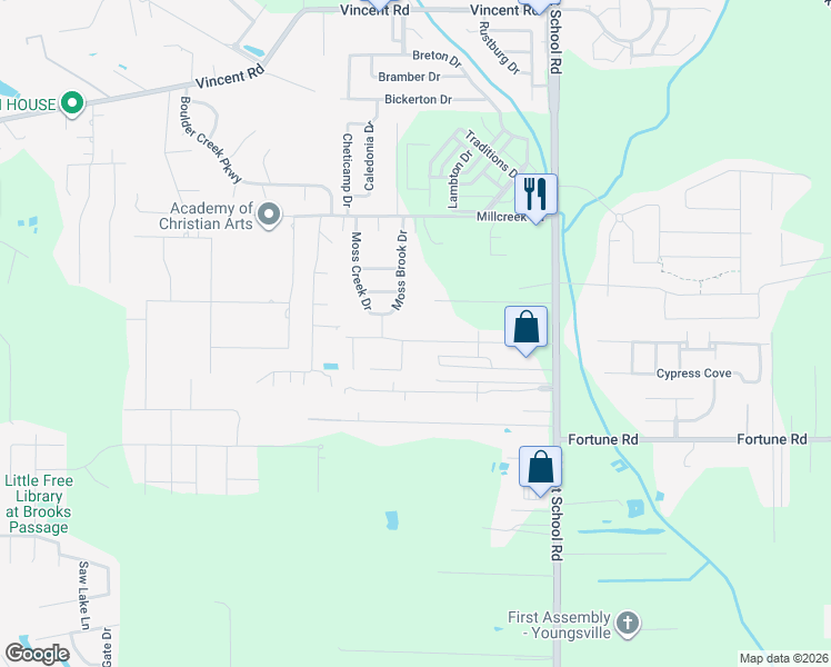 map of restaurants, bars, coffee shops, grocery stores, and more near 309 Moss Brook Drive in Lafayette