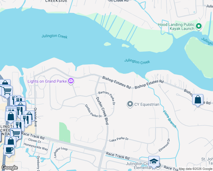 map of restaurants, bars, coffee shops, grocery stores, and more near 217 Hidden Lake Drive in Saint Johns