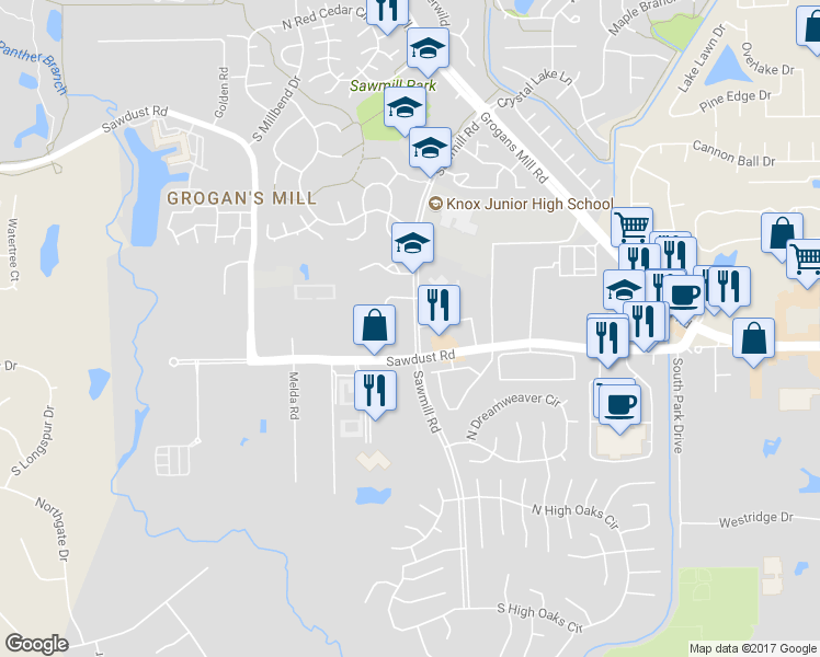 map of restaurants, bars, coffee shops, grocery stores, and more near 86 Scarlet Woods Court in Spring
