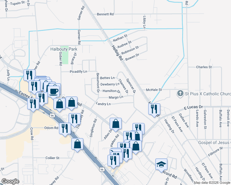 map of restaurants, bars, coffee shops, grocery stores, and more near 5335 Hamilton Drive in Beaumont