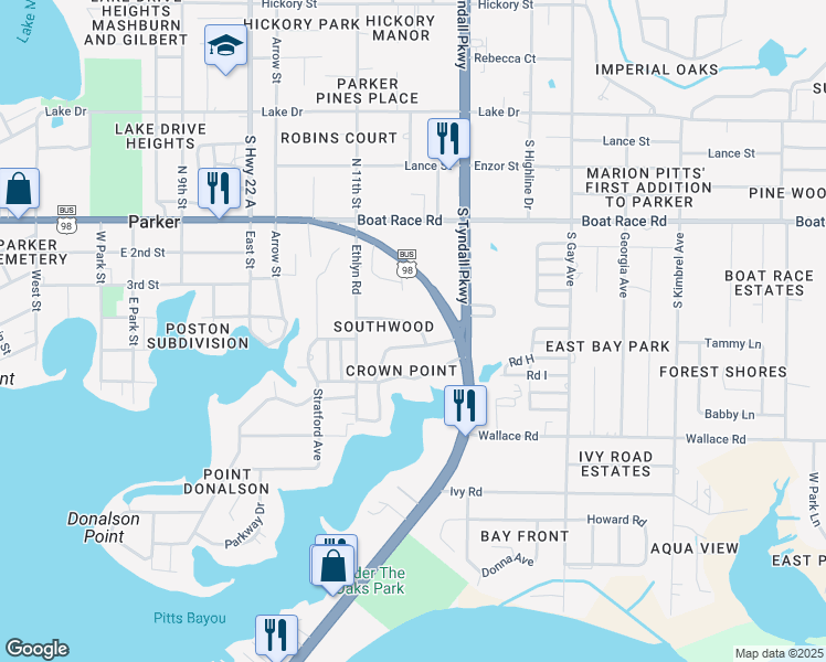 map of restaurants, bars, coffee shops, grocery stores, and more near 5246 Collins Drive in Panama City