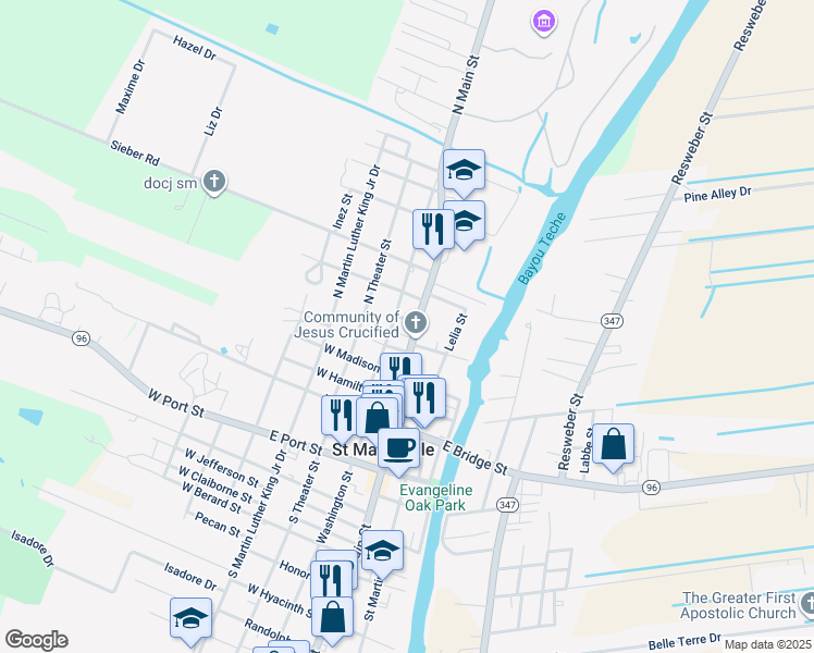 map of restaurants, bars, coffee shops, grocery stores, and more near 421 North Main Street in Saint Martinville