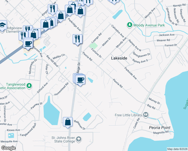 map of restaurants, bars, coffee shops, grocery stores, and more near 2603 Harbor Winds Court in Orange Park