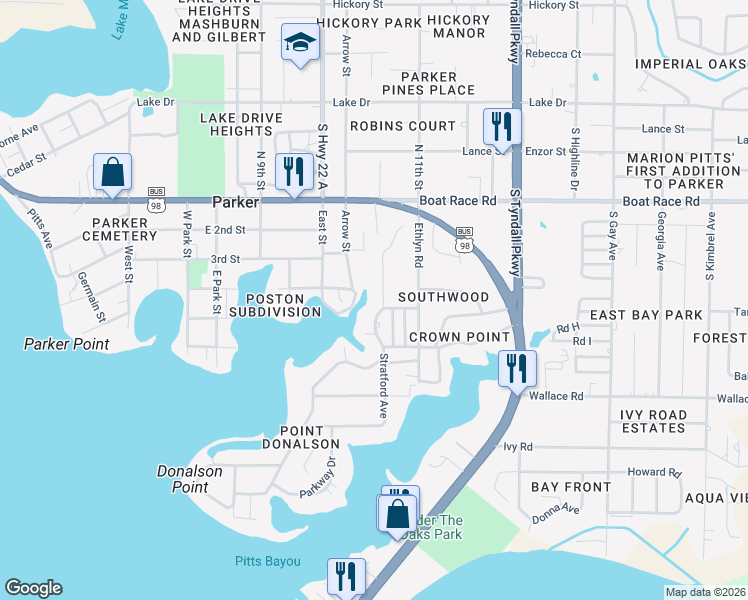 map of restaurants, bars, coffee shops, grocery stores, and more near 1034 Brannon Place in Panama City