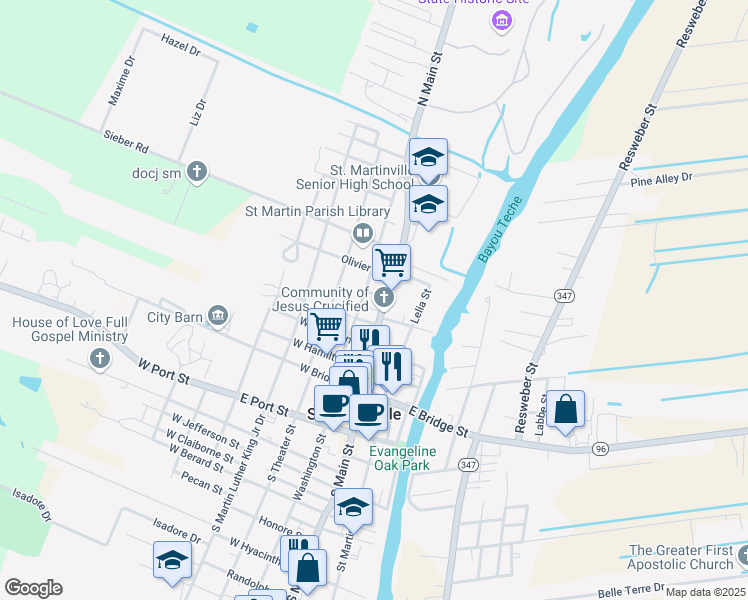 map of restaurants, bars, coffee shops, grocery stores, and more near 421 North Main Street in Saint Martinville