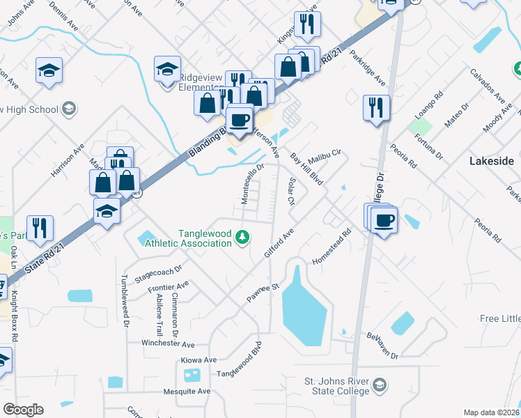 map of restaurants, bars, coffee shops, grocery stores, and more near 1337 Gettysburg Drive in Orange Park