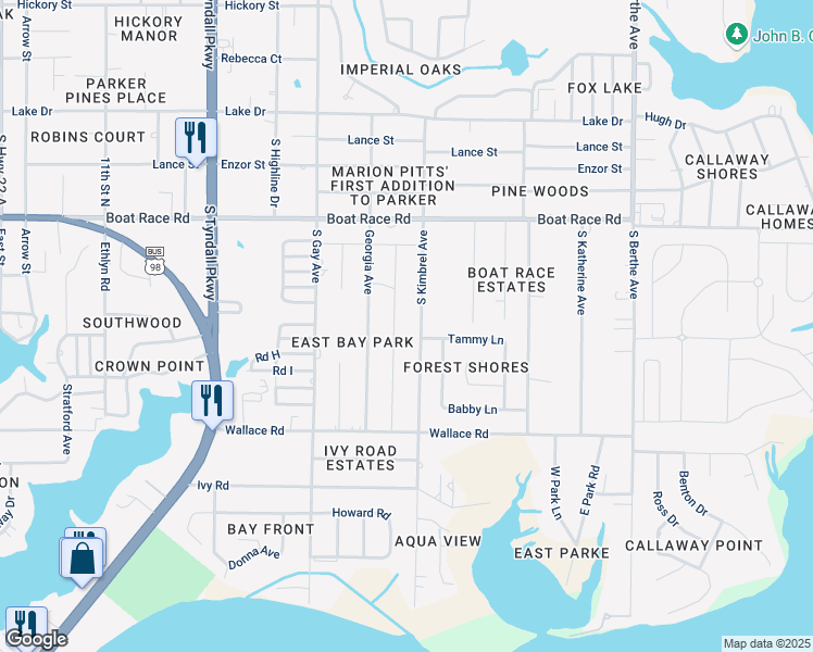 map of restaurants, bars, coffee shops, grocery stores, and more near 1100 S Kimbrel Ave in Panama City