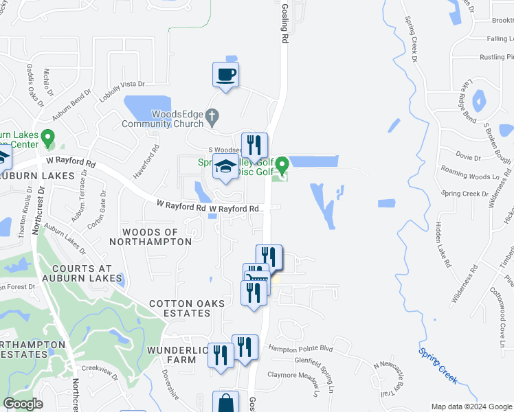 map of restaurants, bars, coffee shops, grocery stores, and more near 5755 West Rayford Road in Spring