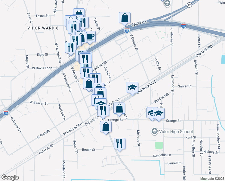 map of restaurants, bars, coffee shops, grocery stores, and more near 270 Chance St in Vidor